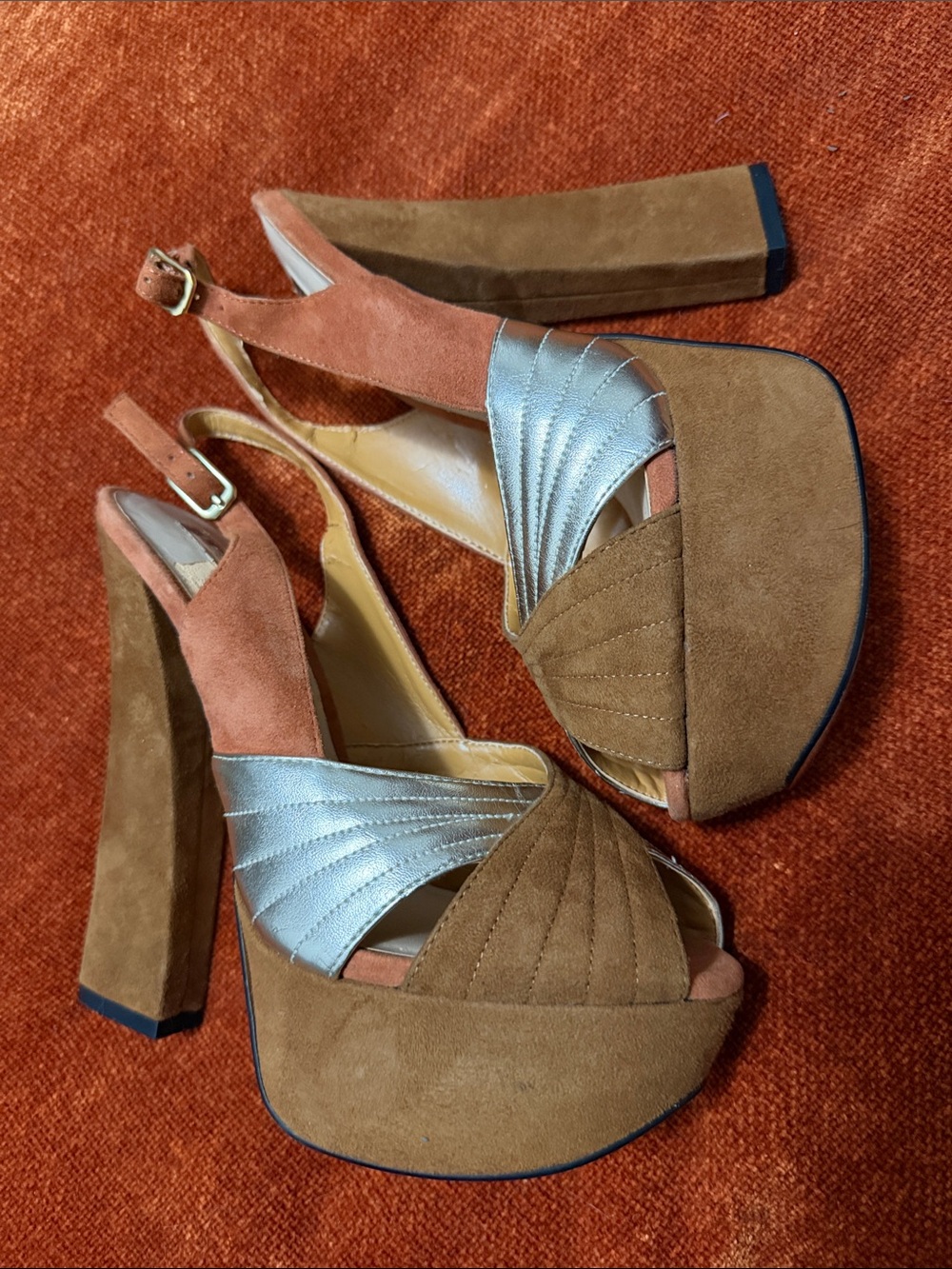 H by Halston | Brown, Rust & Silver Metallic Platform Slingback Sandals | 7.5